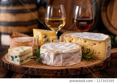 Cheese set, red and white wine in glasses on wooden board. 117101505