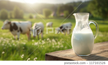 Milk in a glass jug on the background of the herd of cows 117101526