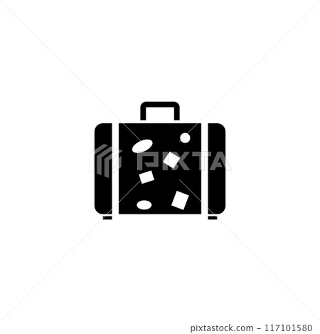 Black suitcase icon, adorned with travel-themed stickers. Perfect for representing travel and adventure 117101580
