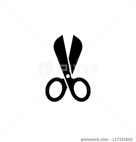 Black silhouette of a pair of scissors, depicted in a simple and modern icon design 117101602