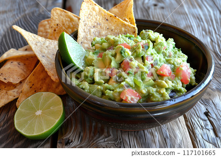 Mexican guacamole with nachos on wooden background Mexican guacamole with nachos on wooden background 117101665