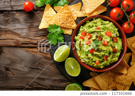 Mexican guacamole with nachos on wooden background 117101666
