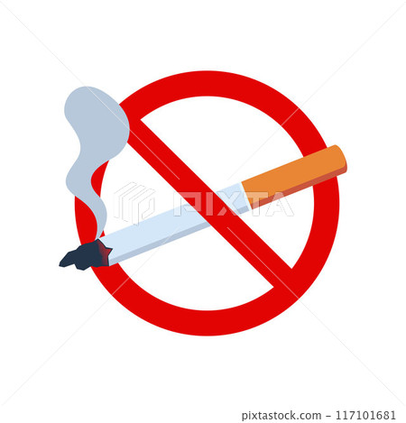 No smoking sign with burning cigarette and smoke prohibition and risk. Vector illustration. 117101681