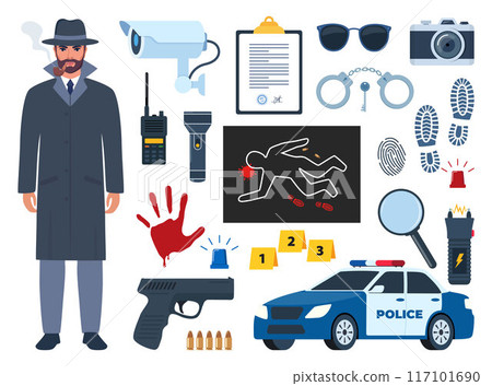 Police detective character and equipment. Investigation tools. Pistol, handcuffs, flashlight, palm print, body outline, shoe marks, police tape, sunglasses, hat, newspaper, magnifying glass. Vector. Police detective character and equipment. Investigation tools. Pistol, handcuffs, flashlight, palm print, body outline, shoe marks, police tape, sunglasses, hat, newspaper, magnifying glass. Vector. 117101690