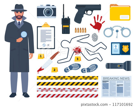 Police detective character and equipment. Investigation tools. Pistol, handcuffs, flashlight, palm print, body outline, shoe marks, police tape, sunglasses, hat, newspaper, magnifying glass. Vector. 117101692