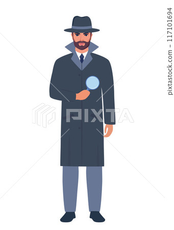 Private detective in gray hat and coat. Handsome man character with magnifying glass. Vector illustration isolated on white background. Private detective in gray hat and coat. Handsome man character with magnifying glass. Vector illustration isolated on white background. 117101694
