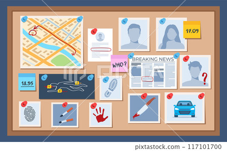Investigation board. Homicide detectives board showing clues and suspects, a crime scene map, weapon, vehicle and notes. Vector illustration. Investigation board. Homicide detectives board showing clues and suspects, a crime scene map, weapon, vehicle and notes. Vector illustration. 117101700