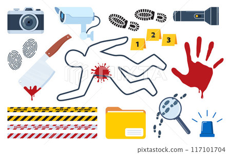 Murder investigation icon set. Police detective equipment. Investigation tools. Crime symbols. Criminology Police Crime Investigation Scene elements. Murder investigation icon set. Police detective equipment. Investigation tools. Crime symbols. Criminology Police Crime Investigation Scene elements. 117101704