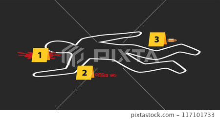 Chalk outlined murder victim illustration with evidence markers. Dead body with blood. Criminology Police Crime Investigation Scene. Vector illustration. Chalk outlined murder victim illustration with evidence markers. Dead body with blood. Criminology Police Crime Investigation Scene. Vector illustration. 117101733