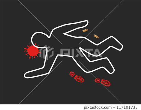 Chalk outlined murder victim illustration with evidences. Dead body with blood. Criminology Police Crime Investigation Scene. Vector illustration. 117101735