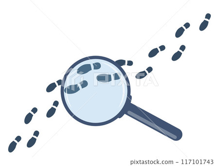 Tracking footsteps with a magnifying glass. Detective following footprint symbol. Tracing, Finding, or searching for clues. Investigation concept. Vector illustration. 117101743