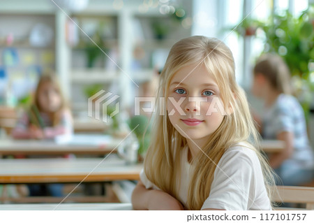 Portrait of a cute little girl sitting at a... - Stock Illustration ...