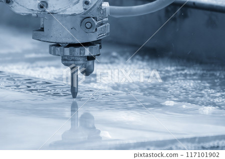 The abrasive waterjet cutting machine in the light blue scene. 117101902