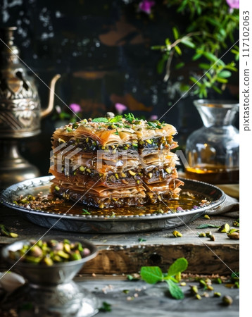 An enticing stack of Turkish baklava on a silver platter, generously drizzled with honey and sprinkled with crushed pistachios, showcasing the rich flavors of Middle Eastern cuisine. 117102063