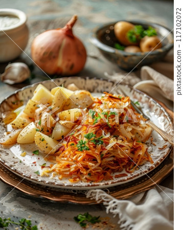 A delicious serving of traditional Portuguese bacalhau a bras, made with shredded salt cod, onions, and fried potatoes, beautifully presented on a white plate. 117102072