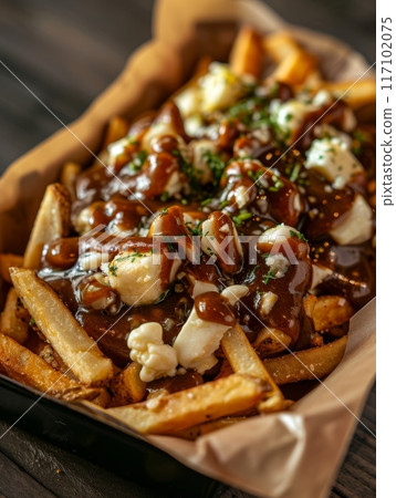 Delicious Canadian poutine served in a tray. The dish features crispy fries topped with cheese curds and smothered in rich brown gravy. 117102075