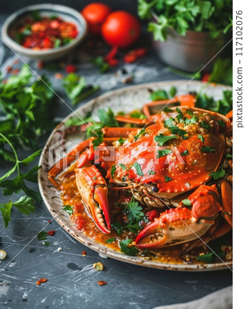 A tantalizing plate of Singaporean chili crab, smothered in a spicy tomato chili sauce and garnished with fresh herbs. A true delight for seafood lovers. 117102076