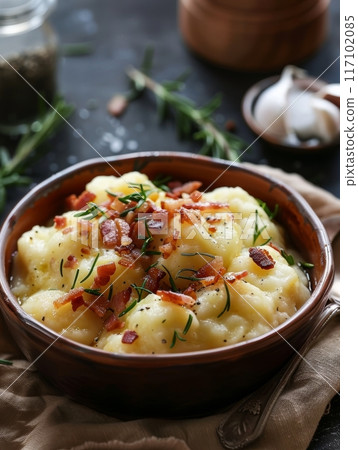 A close-up shot of a traditional Slovakian dish, bryndzovy halusky. The image showcases potato dumplings topped with sheep cheese and bacon served in a rustic bowl. 117102085