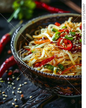 Bhutan's fiery ema datshi: spicy chili peppers and cheese stewed in a traditional bowl. A flavorful national treasure. 117102097