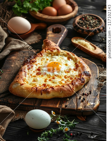 Delicious Georgian Khachapuri, a cheese-filled bread with a perfectly baked egg in the center, served on a rustic wooden paddle. A true delight for cheese lovers. 117102143
