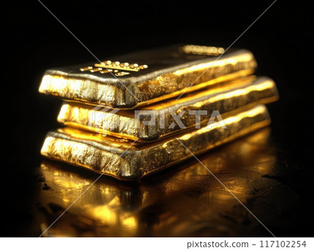 Elegant gold bars in a stack, great for financial security and prosperity visuals on black background Elegant gold bars in a stack, great for financial security and prosperity visuals on black background 117102254