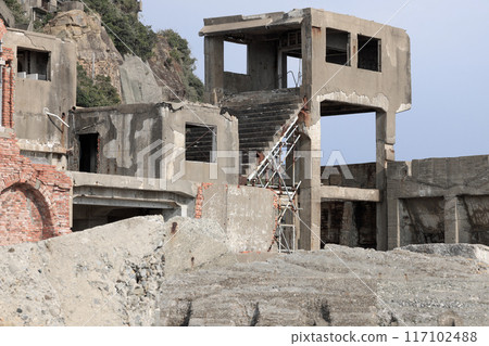 Concrete stairs leading to the coal mine on Gunkanjima Concrete stairs leading to the coal mine on Gunkanjima 117102488