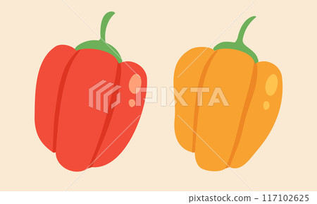 Vintage vector set illustration of red and yellow bell peppers in doodle style. Red and yellow bell peppers. 117102625