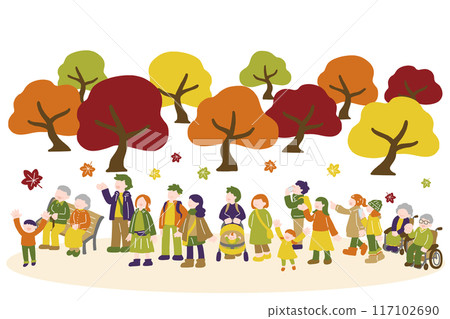 水平多代和秋葉的平面插圖（套） 117102690