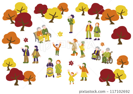 多代人享受秋葉的平面插圖（組） 117102692