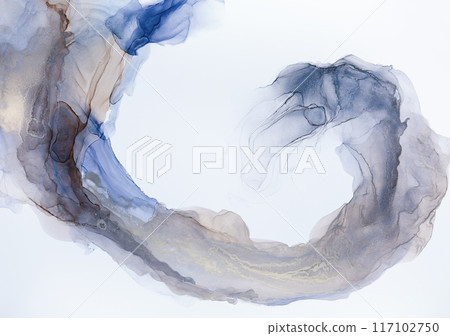 An abstract painting with a white background, showcasing swirling patterns of blue and gray ink 117102750