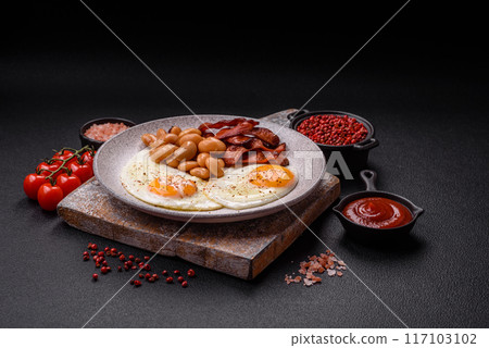 English breakfast with fried eggs, bacon, beans, tomatoes, spices and herbs 117103102