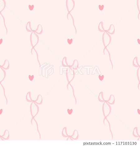 Coquette seamless pattern ribbon bow on pink background. Vector illustration. Trendy aesthetic patterned drawing 117103130