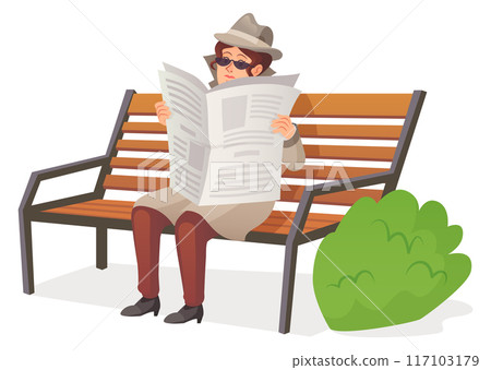 Private investigator woman. Professional spy character on park bench 117103179