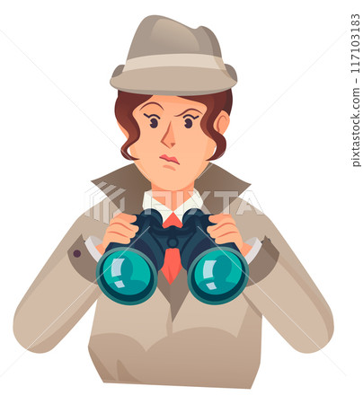 Detective woman with binoculars. Professional surveillance cartoon character Detective woman with binoculars. Professional surveillance cartoon character 117103183