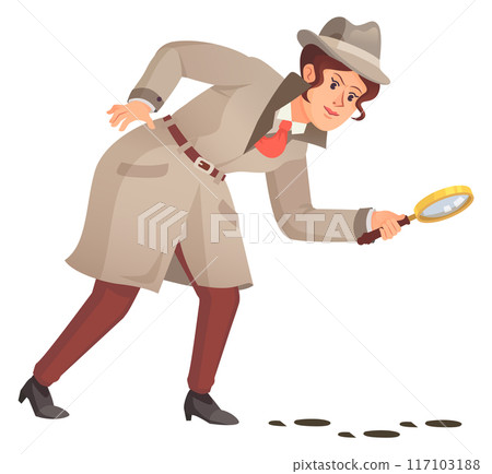 Female detective look on foot trail with magnifying glass 117103188