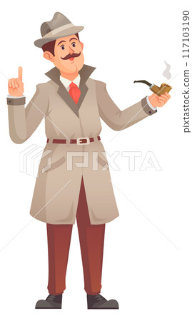 Investigator with smoking pipe. Retro detective in coat and hat 117103190