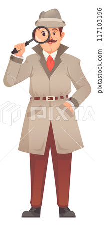 Investigator looking for clues with magnifying glass. Cartoon character 117103196
