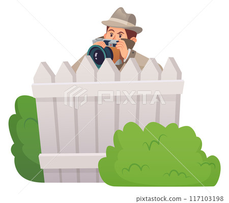 Private investigator make photo from bush. Cartoon spy Private investigator make photo from bush. Cartoon spy 117103198