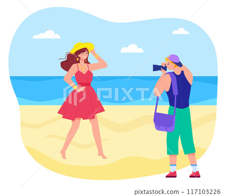 Professional photographer shoot picture on beach. Pretty young woman photo 117103226