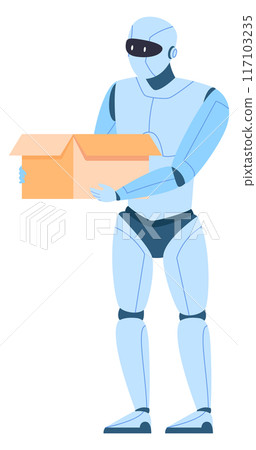 Robot carry open cardboard box. Android worker character 117103235