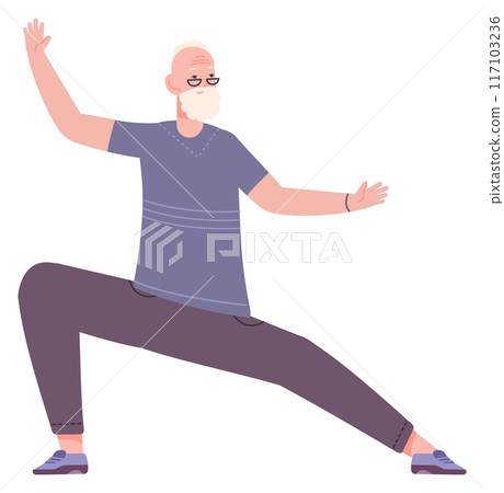 Old man in yoga pose. Stretching exercise for senior 117103236