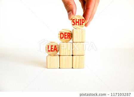 Leadership symbol. Concept word Leadership on beautiful wooden circles. Businessman hand. Beautiful white background. Business leadership concept. Copy space. Leadership symbol. Concept word Leadership on beautiful wooden circles. Businessman hand. Beautiful white background. Business leadership concept. Copy space. 117103287