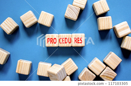 Procedures symbol. Concept word Procedures on beautiful wooden blocks. Beautiful blue background. Business procedures concept. Copy space. 117103305