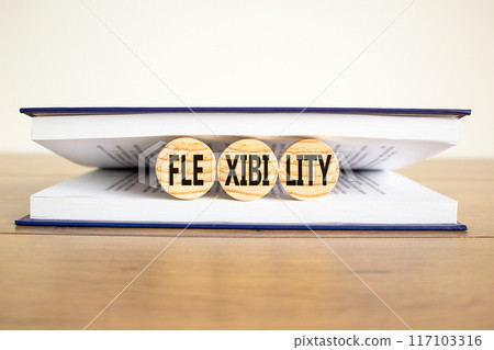 Flexibility symbol. Concept word Flexibility on beautiful wooden circles in book. Beautiful wooden table white background. Business flexibility concept. Copy space. Flexibility symbol. Concept word Flexibility on beautiful wooden circles in book. Beautiful wooden table white background. Business flexibility concept. Copy space. 117103316