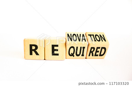 Required and renovation symbol. Concept words Required Renovation on wooden block. Beautiful white table white background. Business required renovation concept. Copy space. Required and renovation symbol. Concept words Required Renovation on wooden block. Beautiful white table white background. Business required renovation concept. Copy space. 117103320