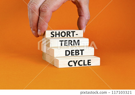 Short-term debt cycle symbol. Concept words Short-term debt cycle on beautiful wooden block. Beautiful orange table background. Businessman hand. Business Short-term debt cycle concept. Copy space. 117103321