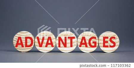 Advantages symbol. Concept word Advantages on beautiful wooden circles. Beautiful grey background. Business advantages concept. Copy space. 117103362