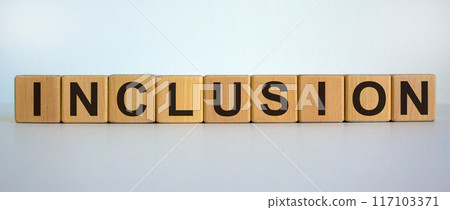 Symbol for a better inclusion. Wooden cubes with word 'inclusion'. Beautiful white background. Copy space. Symbol for a better inclusion. Wooden cubes with word 'inclusion'. Beautiful white background. Copy space. 117103371