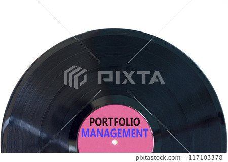 Portfolio management symbol. Concept words Portfolio management on beautiful purple black vinyl disk. Beautiful white paper background. Business Portfolio management concept. Copy space. 117103378