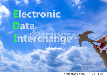 EDI electronic data interchange symbol. Concept words EDI electronic data interchange on blue sky clouds background. Wooden bird. Business and EDI electronic data interchange concept. Copy space. 117103405